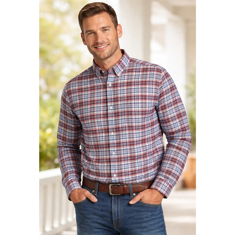 IZOD Saltwater Plaid Button Down Shirt Men's XL Burgundy Blue Classic Preppy
